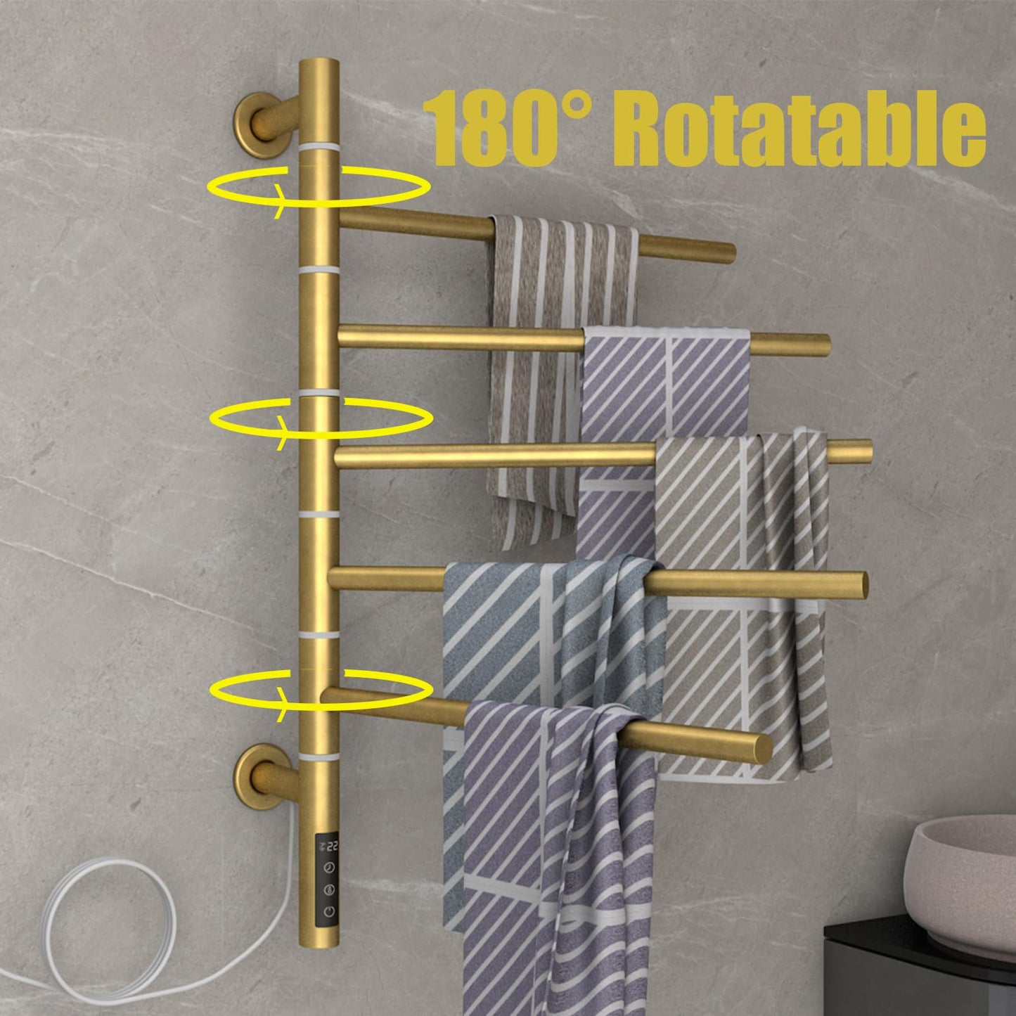 OihPaw Sèche serviette électrique,WiFi avec 5 Barres Porte-Serviettes Chauffant Pivotant à 180 °,45W 42x66CM Chauffe-Serviettes électrique Mural avec Thermostat