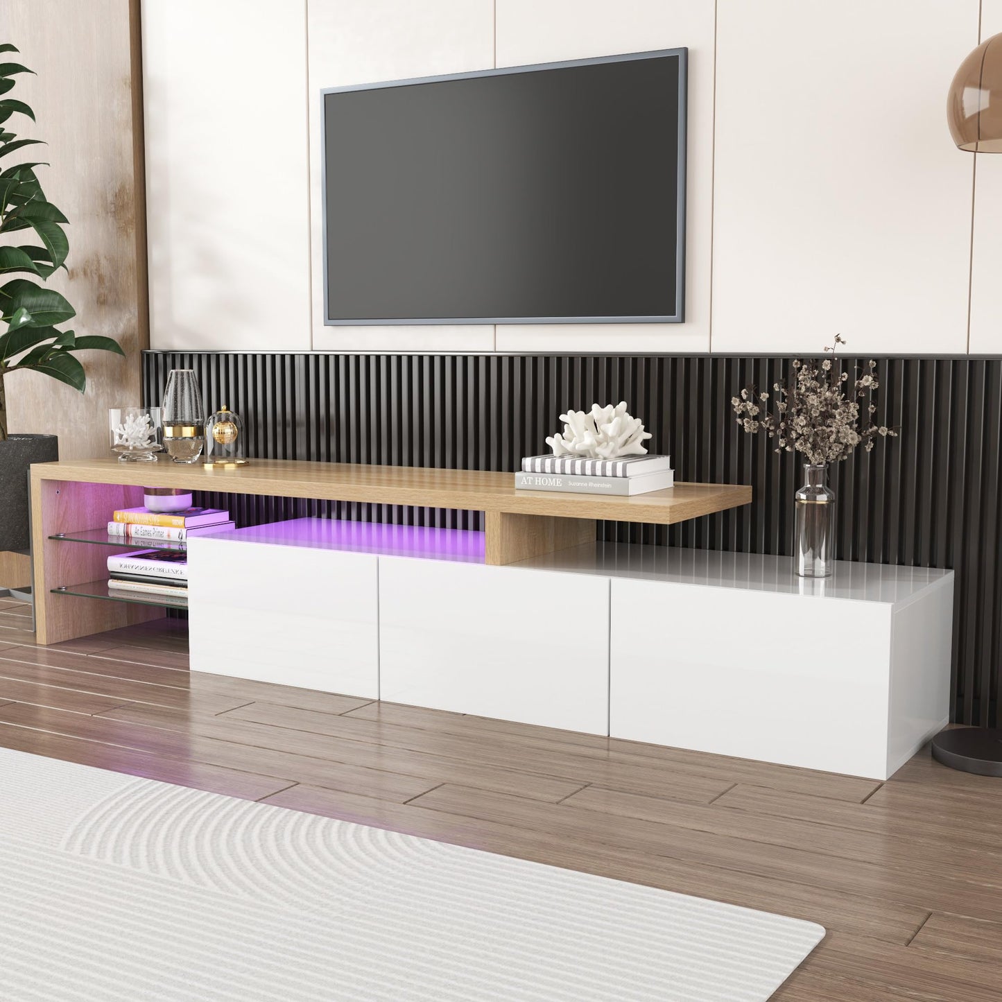 SHUGUANG Meuble TV 200 cm Longueur Meuble TV de Salon Moderne Élégance, Banc TV avec Étagères en Verre, Éclairage LED, Meuble TV Aspect Bois, Espace de Rangement Pratique, Brillant, 197,5x39x42cm