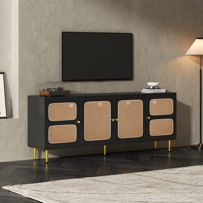 Meuble TV Blanc Banc TV en Rotin avec 4 Portes en Rotin,pour Téléviseurs Jusqu'à 80 pouces,180x40x72cm, Meubles TV élégants pour Salon Chambre,étagères réglables en Hauteur, Grand Espace de Rangement