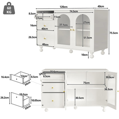 120 x 40 x 75.5 cm Armoire de Rangement Polyvalente, Armoire de Salon avec 3 Tiroirs et 2 Porte D'armoire Vitrée et Porte-Serviettes, Buffet Cuisine Applicable à Cuisine, Salon, Salle à Manger