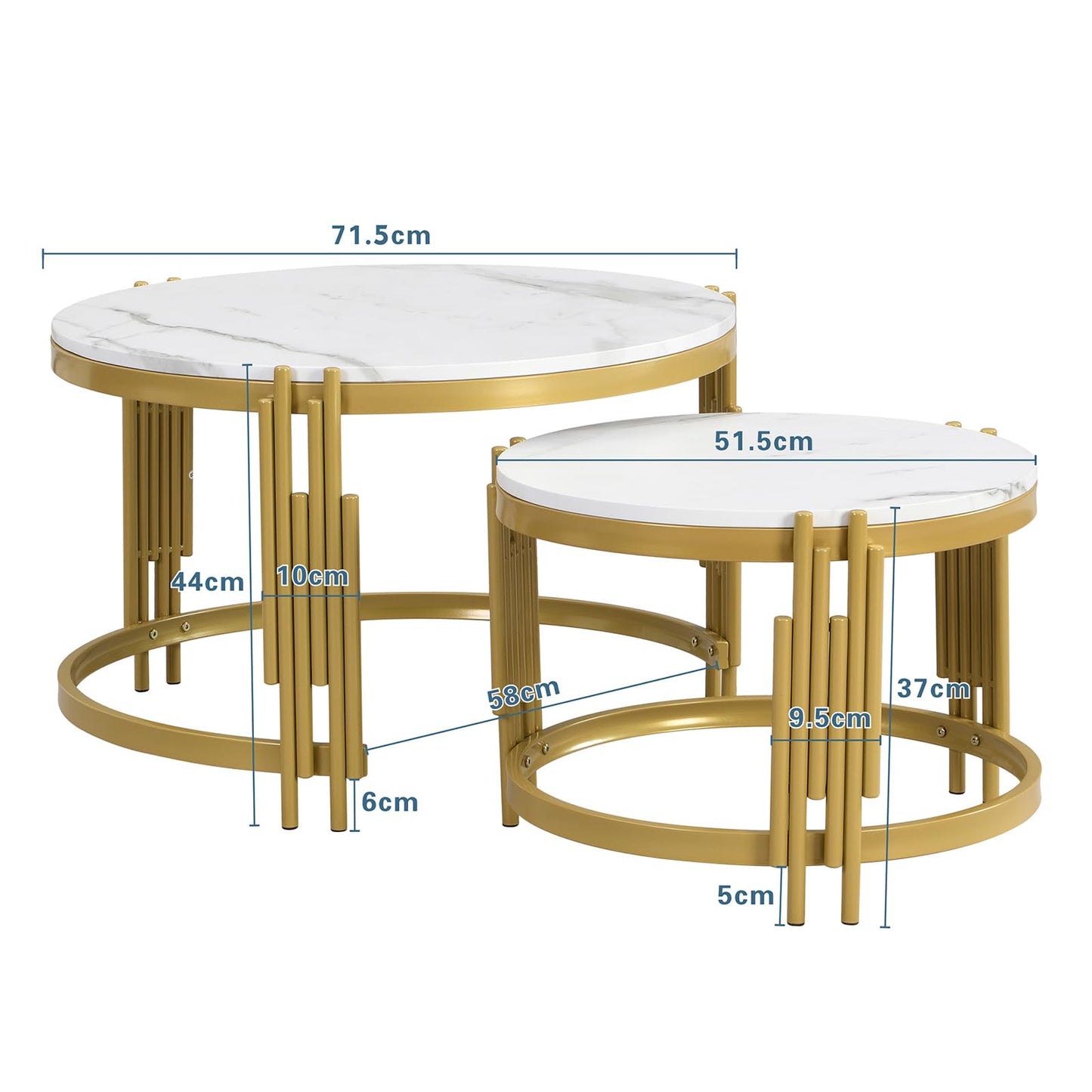 Peiaw Table Basse,Table de Salon,Table Basse Ronde,Lot de 2 Tables Basses de Salon Gigognes,Aspect marbre Blanc et Structure en Acier doré,Table de Salon 71,5 x 71,5 x 44 & 51,5 x 51,5 x 37 cm