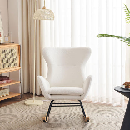 Fauteuil à Bascule, Allaitement Rocking Chair Épaissir Rembourré, Scandinave Velours Peluche Chaise Loisir avec Pieds en Bois Massif, Capacité 150 kg, pour Salon, Chambre, Balcon, 96x68x90cm