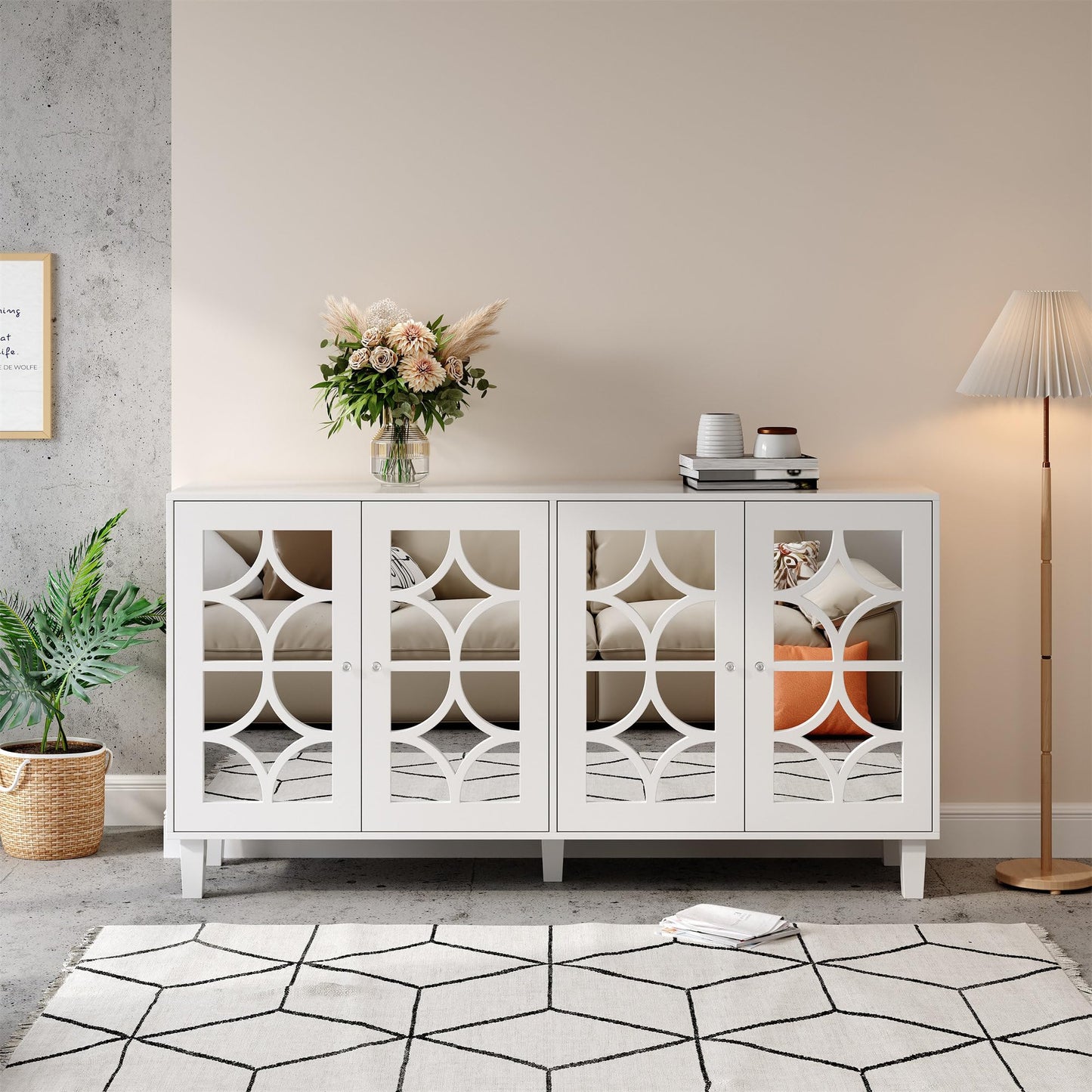 Buffet Moderne avec 4 Portes Miroir, Buffet Miroir avec Poignées en Cristal Froid, Stratifié Mobile, Armoire de Cuisine, Bahut pour Salon et Salle à manger, 160 x 40 x 85 cm, Blanc/Bois et Marron