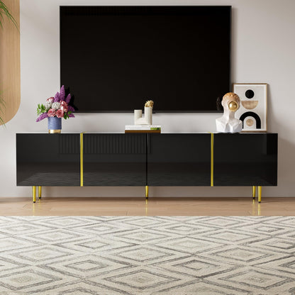 Meuble TV Moderne et Simple, 170 cm Banc TV Brillant avec Quatre Portes, Accents Dorés, Console Multimédia TV pour Les TV jusqu'à 70", Grand Espace de Rangement, Meuble Salon, Facile à Assembler