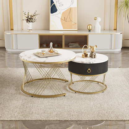 Table Basse,table basse ronde blanc,Lot de 2 Tables Basses de Salon Gigognes avec tiroirs, table de salon moderne aspect marbre et structure en acier doré, table de salon 70x70x45cm et 50x50x40cm