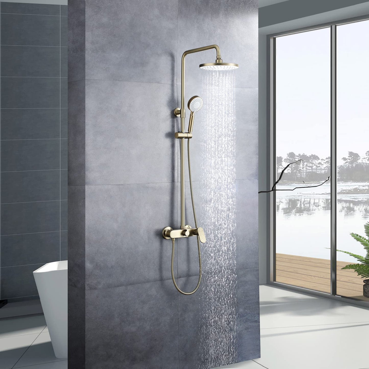 Colonne De Douche Or, ESOP Systeme De Douche Pour Baignoire, Hauteur Réglable Ensemble De Douche, Mitigeur Douche Avec 20cm ABS Pomme Douche De Tête Et Douchette, Corps En Laiton