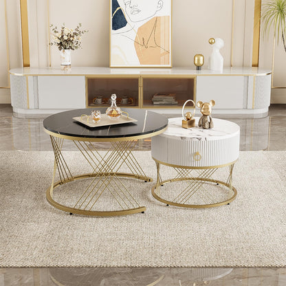 Table Basse,table basse ronde noir,Lot de 2 Tables Basses de Salon Gigognes avec tiroirs, table de salon moderne aspect marbre et structure en acier doré, table de salon 70x70x45cm et 50x50x40 cm