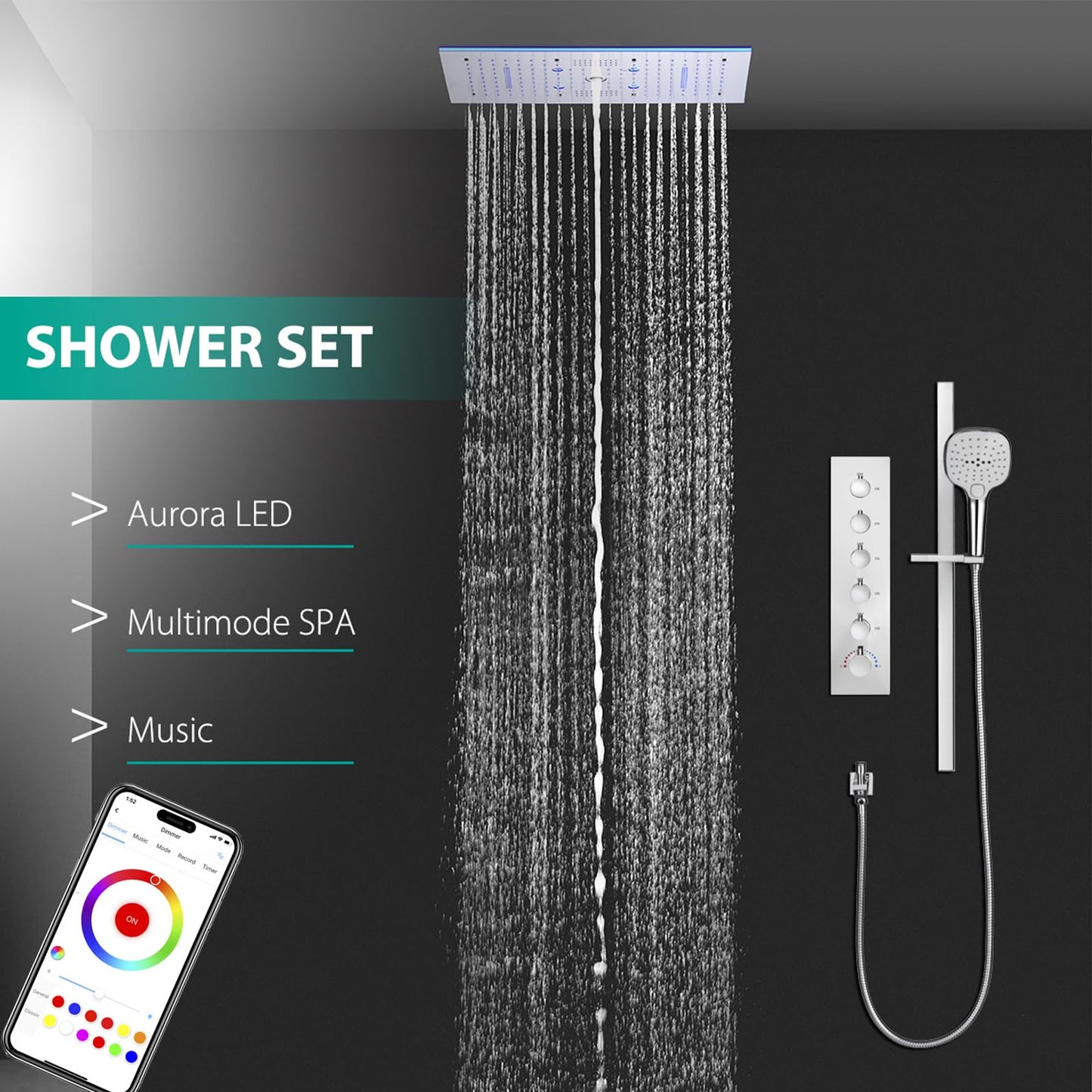 OihPaw Système de Douche Thermostatique Musical,LED 64 Couleurs Bluetooth Colonne Douche Encastré Ensemble de Douche avec 600 * 300mm 9 Fonctions Tête de Douche,Douchette,Chrome