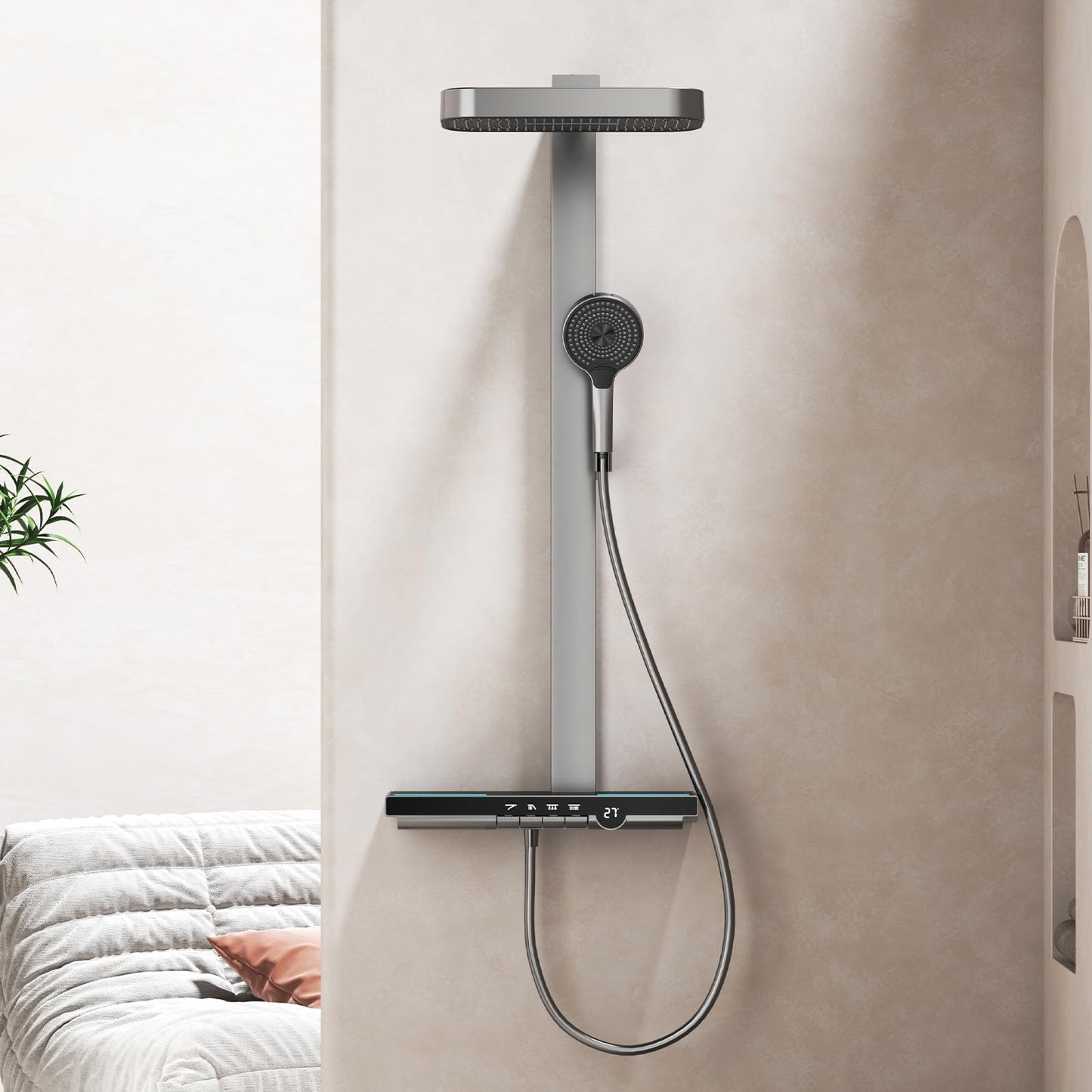 OihPaw Colonne de Douche Thermostatique,Systeme de Douche Gris Mural Hauteur Réglable Ensemble de Douche avec Affichage Numérique LED,Mitigeur Douche avec 2 Fonctions Tête de Douche,Douchette 4 Jets
