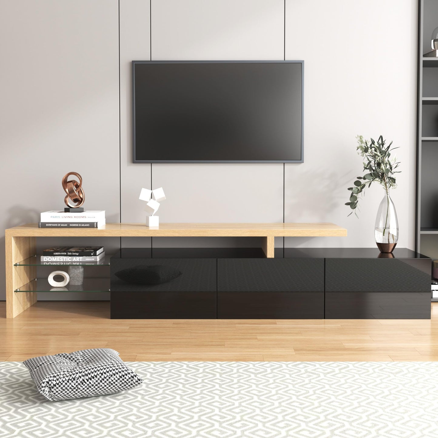 SHUGUANG Meuble TV 200 cm Longueur Meuble TV de Salon Moderne Élégance, Banc TV avec Étagères en Verre, Éclairage LED, Meuble TV Aspect Bois, Espace de Rangement Pratique, Brillant, 197,5x39x42cm