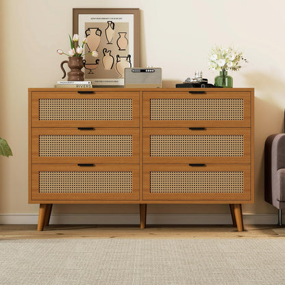 Kommode Mit 6 Schubladen, Sideboard Perforierte Rattantür, Mehrzweckschrank für Wohnzimmer, Esszimmer, Schubladenschrank Hohe Tragfähigkeit, Schrankbeine aus Massivholz, Metallgriff, 120 x 40 x 76.5cm