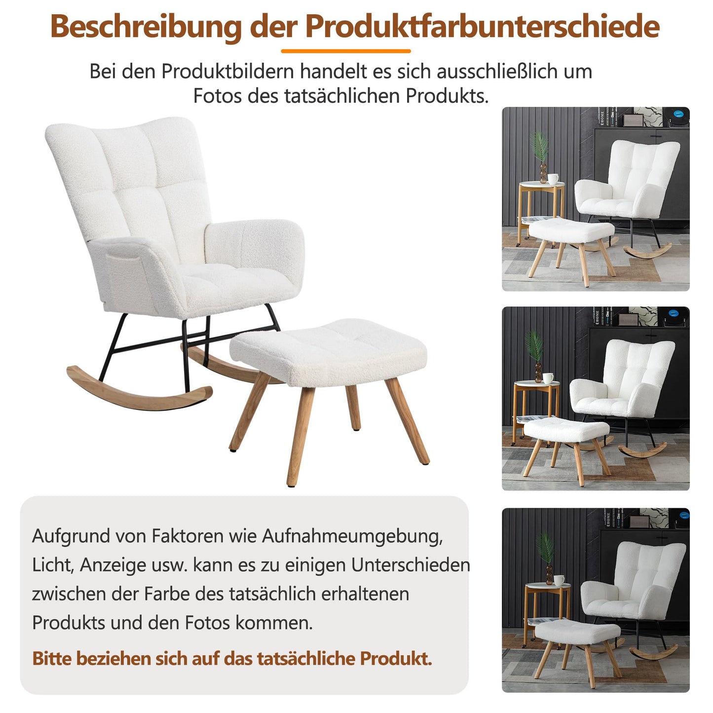 Blanc Fauteuil Chambre, Rocking Chair avec Artisanat en Tissu, Rocking Chair Hauteur 92cm, Largeur D'assise 65 cm avec Repose-Pieds (49*38*38 cm), Fauteuil Dascule Approprié Coucher, Salon