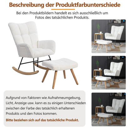 Blanc Fauteuil Chambre, Rocking Chair avec Artisanat en Tissu, Rocking Chair Hauteur 92cm, Largeur D'assise 65 cm avec Repose-Pieds (49*38*38 cm), Fauteuil Dascule Approprié Coucher, Salon