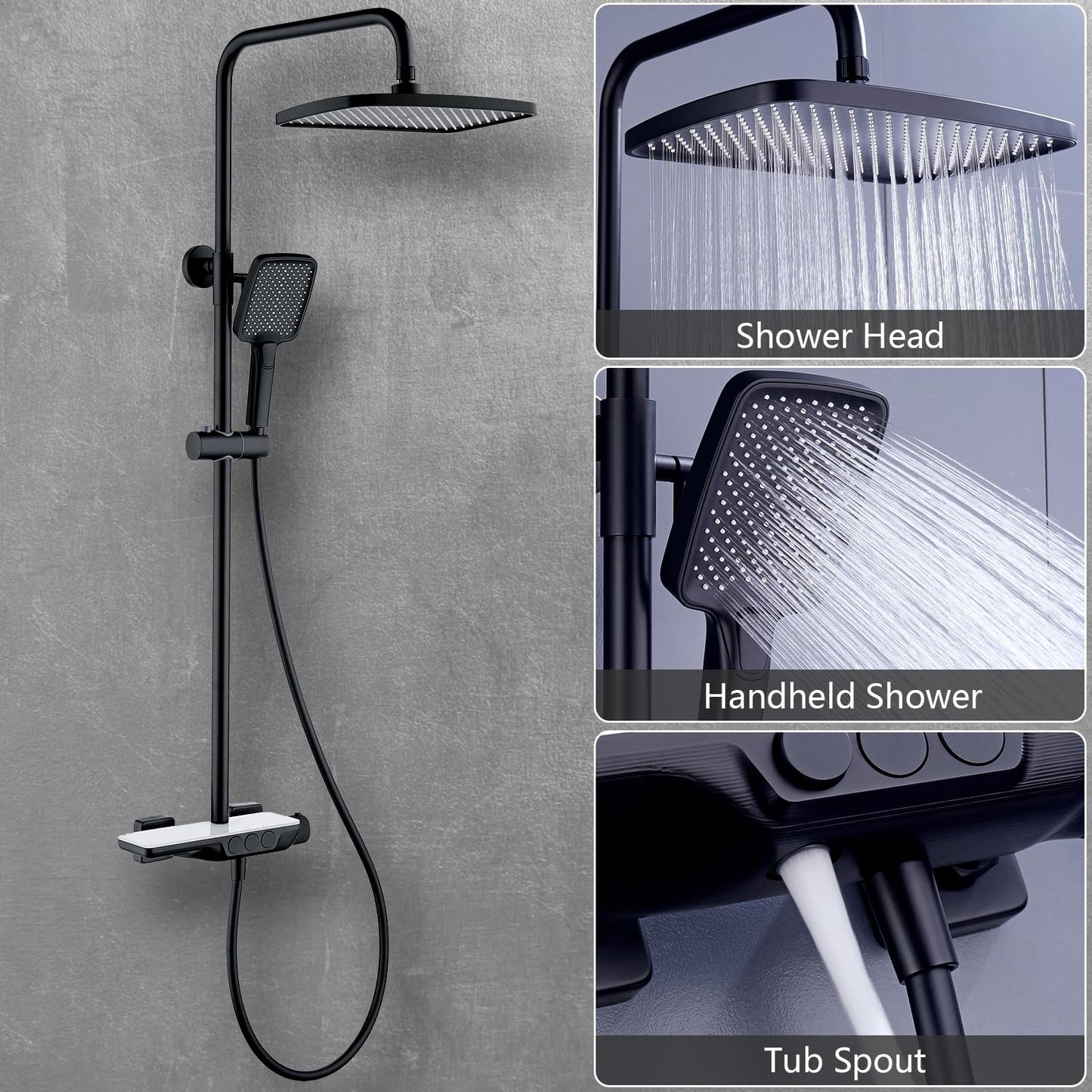 Colonne de Douche Thermostatique Mitigeur en Laiton Système de Douche avec 32 * 20CM Pommeau de Douche, Douchette 3 Fonctions, Robinet de Baignoire Ensemble de Douche Mural (Noir et Blanc)