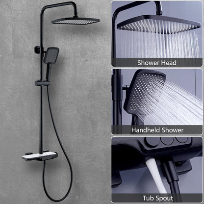 Colonne de Douche Thermostatique Mitigeur en Laiton Système de Douche avec 32 * 20CM Pommeau de Douche, Douchette 3 Fonctions, Robinet de Baignoire Ensemble de Douche Mural (Noir et Blanc)