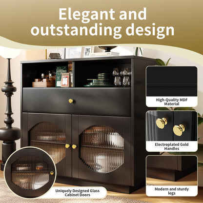 Peiaw Buffet, Meuble de Cuisine, Meuble de Rangement,Buffet Noir Moderne, Commode,Compartiment de Rangement Ouvert,Buffet avec Porte vitrée,Buffet avec 2 Portes et 1 tiroir,100×40×90.5cm