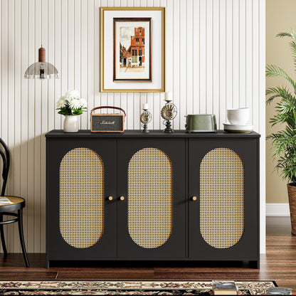 Buffet Cuisine de Style Bohème Bahut avec 3 Portes, Grand Espace de Rangement, Portes en Rotin Artificiel et Poignées en Métal, Meuble D'appoint Moderne pour Salle à Manger, Salon et Entrée (Noyer)