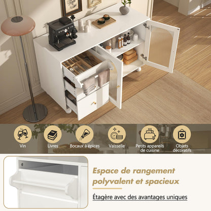 120 x 40 x 75.5 cm Armoire de Rangement Polyvalente, Armoire de Salon avec 3 Tiroirs et 2 Porte D'armoire Vitrée et Porte-Serviettes, Buffet Cuisine Applicable à Cuisine, Salon, Salle à Manger