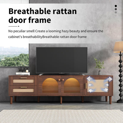 Meuble TV 180cm, Armoire De Télévision Rotin Tressé, Meuble Télé de Salon Convient Aux Téléviseurs de 80 Pouces, Table Télévision 2 Ports de Gestion des Câbles, 2 Portes 2 Tiroirs 4 Étagères Ouvertes