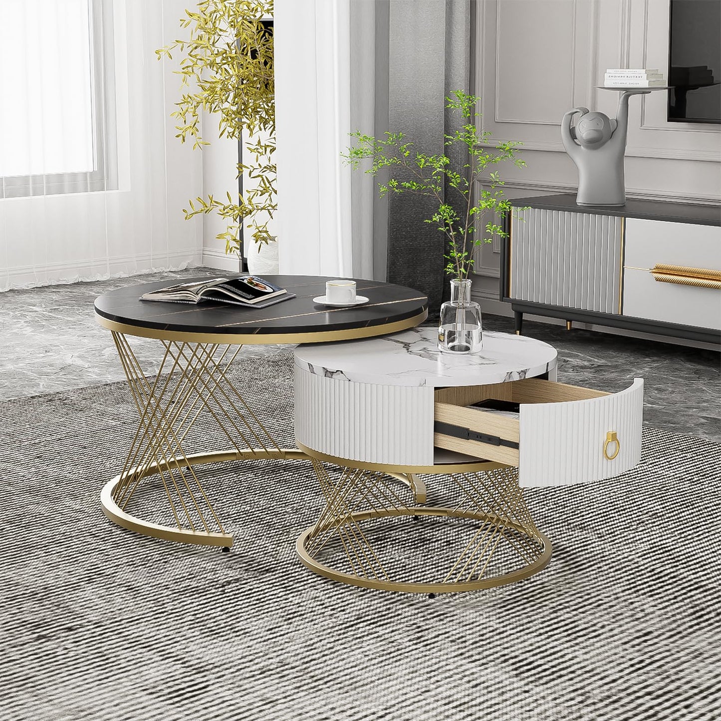 Table Basse,table basse ronde noir,Lot de 2 Tables Basses de Salon Gigognes avec tiroirs, table de salon moderne aspect marbre et structure en acier doré, table de salon 70x70x45cm et 50x50x40 cm