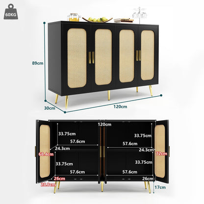 Sideboard, Kommode, Küchenschrank Rattan-Schranktür, Mehrzweckschrank mit 4 Türen, Schubladenschrank Kippschutz, Aufbewahrungsschrank Kratzfeste Oberfläche, 120 x 89 x 30 cm (B/H/T)
