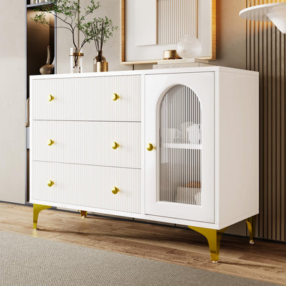 Buffet,Meuble de Cuisine Rangement, Blanc Commode, 105.5 x 40 x 78 cm,Buffet Salon avec 1 Portes Vitrées 3 Tiroirs,Convient aux Chambres, Bureaux, salles de Classe et balcons