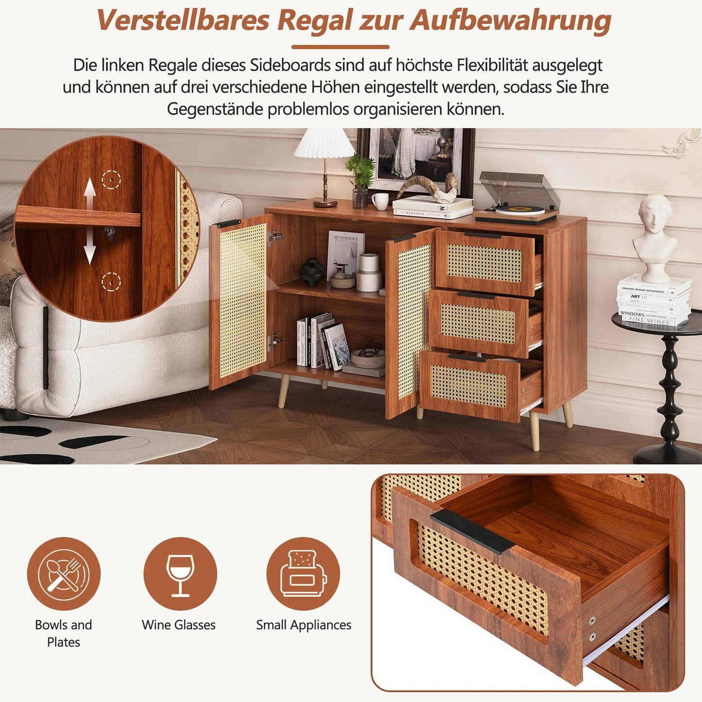 Meuble de Rangement, Buffet de Cuisine avec 2 Portes et 3 Tiroirs, Armoire de Salon Conception de Tissage en Rotin, Étagère Rangement Étagères Réglables, Poignée en Métal Peint, 120x38x78cm