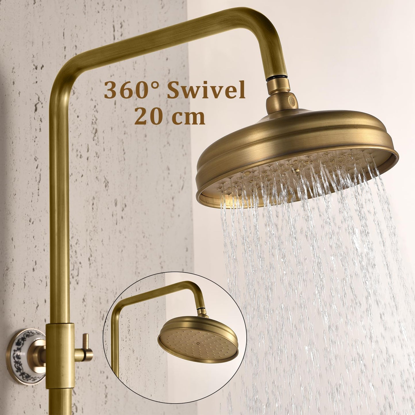 Colonne de Douche Rétro avec Mitigeur, Système de Douche Laiton Antique Ensemble de Douche Montage Mural Set de Douche avec Rotatif 20 cm Tête de Douche, Douchette à Mains