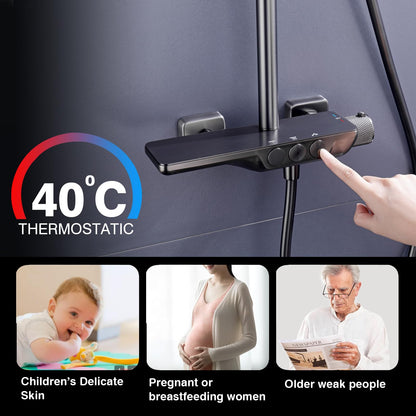 Colonne de Douche Thermostatique Mitigeur en Laiton Système de Douche avec 32 * 20CM Pommeau de Douche, Douchette 3 Fonctions, Robinet de Baignoire Ensemble de Douche Mural (Gris Pistolet)