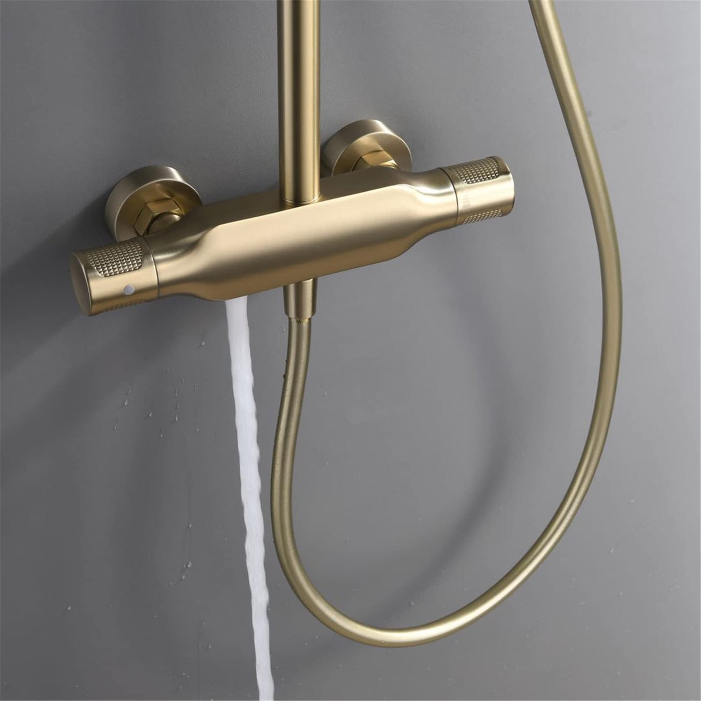 Colonne de Douche Or Brossé Mural Système de Douche avec Mitigeur Set de Douche Réglable en Hauteur Ensemble de Douche Chaude et Froide Kit de Douche, Inclure Tête de Douche 23cm, Douchette 3 Jets