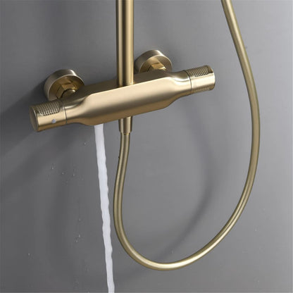 Colonne de Douche Or Brossé Mural Système de Douche avec Mitigeur Set de Douche Réglable en Hauteur Ensemble de Douche Chaude et Froide Kit de Douche, Inclure Tête de Douche 23cm, Douchette 3 Jets