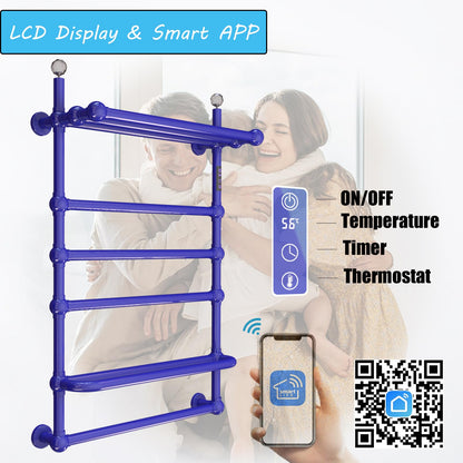 Sèche Serviettes Électrique Mural 80W, 850 * 600mm WiFi Chauffe-Serviettes Électrique, Intelligent Radiateur Porte-Serviettes Chauffant Électrique de Salle Bain avec Minuterie et Shelf, Blue