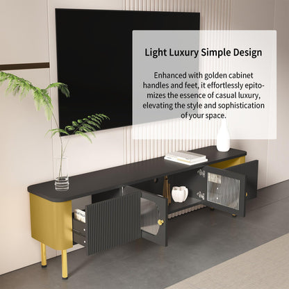 Meuble TV Moderne 170 cm Banc TV pour Téléviseurs Jusqu'à 65 Pouces, Tiroirs et Panneaux de Porte de Forme Spéciale, Poignées et Pieds Dorés, Forme D'arc, Élégant Luxueux Meuble Salon, Meuble TV Bas