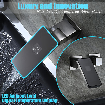 Robinet Lavabo Cascade Salle de Bains Montage Mural avec Affichage de la Température LED, Robinet Mitigeur Lavabo Encastré Cascade Bec Extra-large, Robinet Lavabo en Laiton Murale