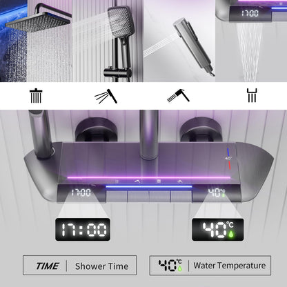 Colonne de Douche Thermostatique Mitigeur en Laiton Systeme de Douche Affichage Numérique LED Ensemble de Douche Pommeau De Douche, Douchette, Bidet Douche, Robinet De Baignoire, Mural (Gun Gray)