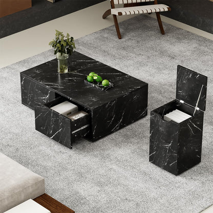 Table basse,Table d'appoint de canapé,Lot de 2 tables basses modernes noires,Table basse carrée avec tiroirs,Table basse motif marbre,Table basse modulable,Table basse 100x33,5x70cm et 32x32x50cm