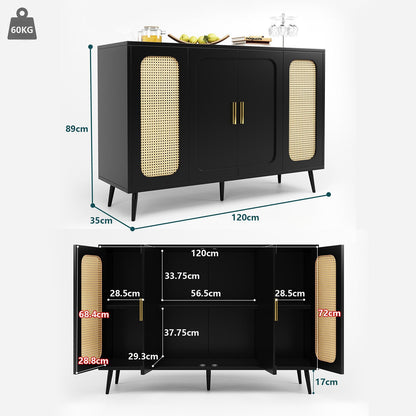 Buffet Cuisine, Meuble de Rangement, Commode 4 Portes, Armoire de Salon Porte D'armoire en Rotin, Bibliothèque Anti-Basculement, Étagères Réglables, Porte Blister, 120 x 89 x 35 cm (L/H/P), Noir