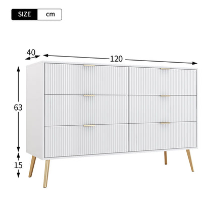 Sideboard Weiß Modernes, Kommode 6 Schubladen, Küchenschrank mit Vergoldeten Beinen und Griffen, Mehrzweckschrank Große Kapazität, 120 x 78 x 40 cm (B/H/T), für Schlafzimmer, Wohnzimmer, Esszimmer