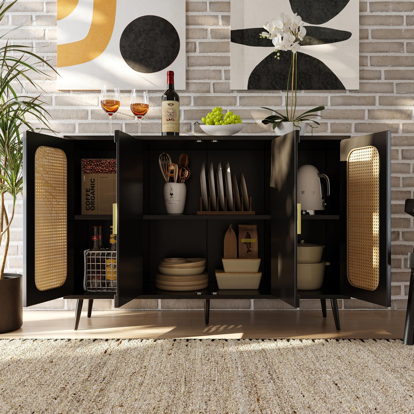 SHUGUANG Buffets Modernes, Armoires Élégantes en Bois de Rotin, avec Diviseur Réglable, Armoires de Rangement avec Portes Blister, Armoires Indépendantes, pour Cuisine Salon, Noir 120 x 35 x 89 cm