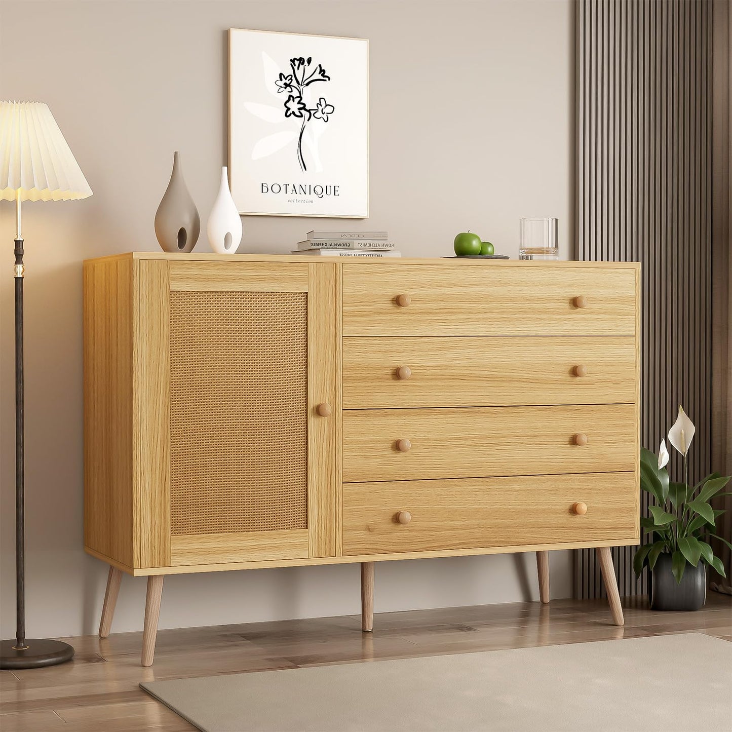 Buffet,meuble de rangement cuisine,Buffet en bois, meuble de rangement multifonctionnel,buffet bas,Commode avec 4 tiroirs et 1 porte en rotin, buffet avec grand espace de rangement 120 x 40 x 83 cm