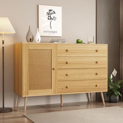Buffet,meuble de rangement cuisine,Buffet en bois, meuble de rangement multifonctionnel,buffet bas,Commode avec 4 tiroirs et 1 porte en rotin, buffet avec grand espace de rangement 120 x 40 x 83 cm