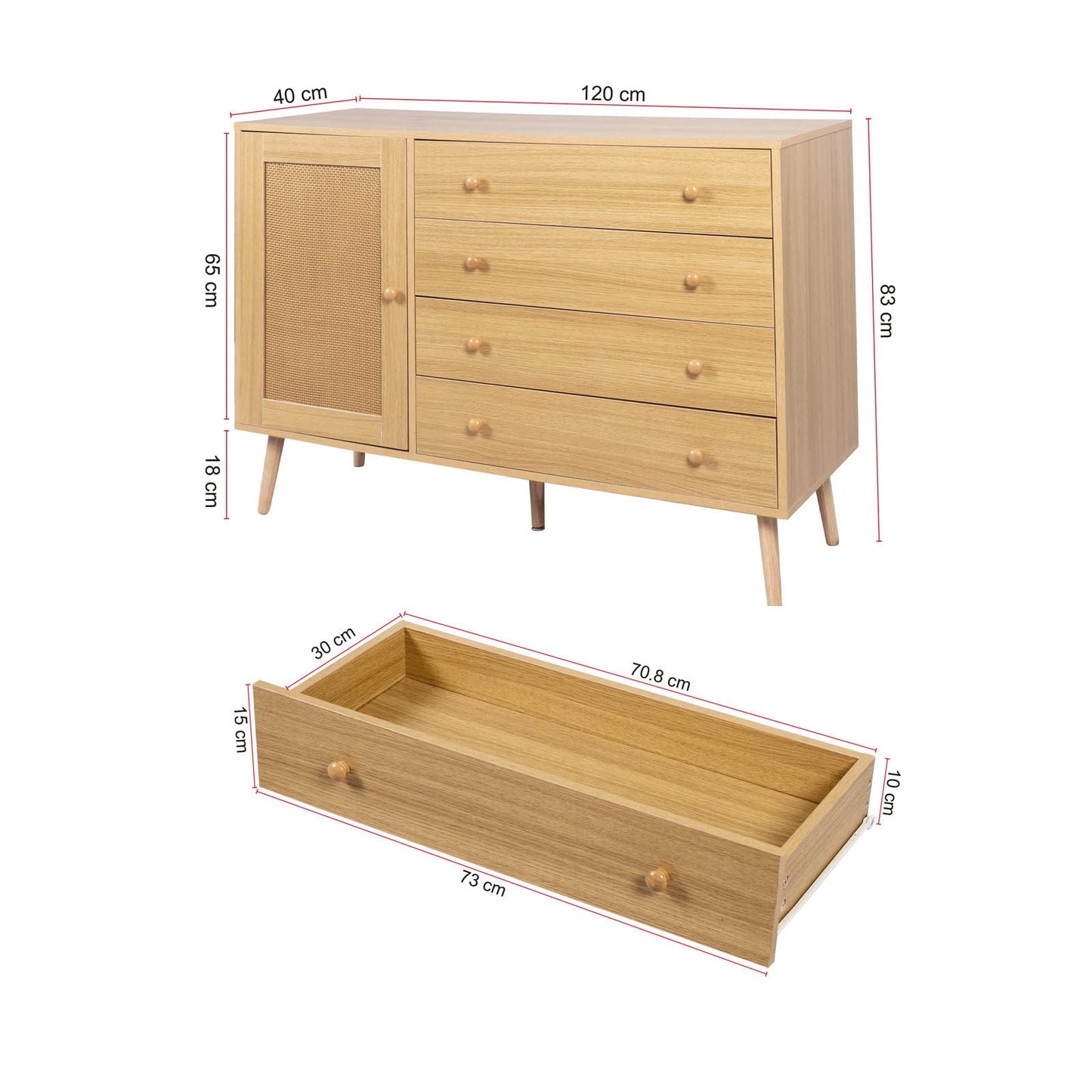 Sideboard 1 Tür und 4 Schubladen, Kommode Gewebte Rattanstruktur, Mehrzweckschrank Hohe Tragfähigkeit, Küchenschrank Minimalistisches Design, Schubladenschrank Holzoptik, 120 x 83 x 40 cm (B/H/T)