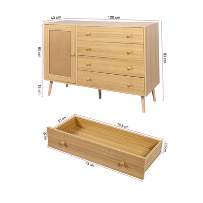 Sideboard 1 Tür und 4 Schubladen, Kommode Gewebte Rattanstruktur, Mehrzweckschrank Hohe Tragfähigkeit, Küchenschrank Minimalistisches Design, Schubladenschrank Holzoptik, 120 x 83 x 40 cm (B/H/T)