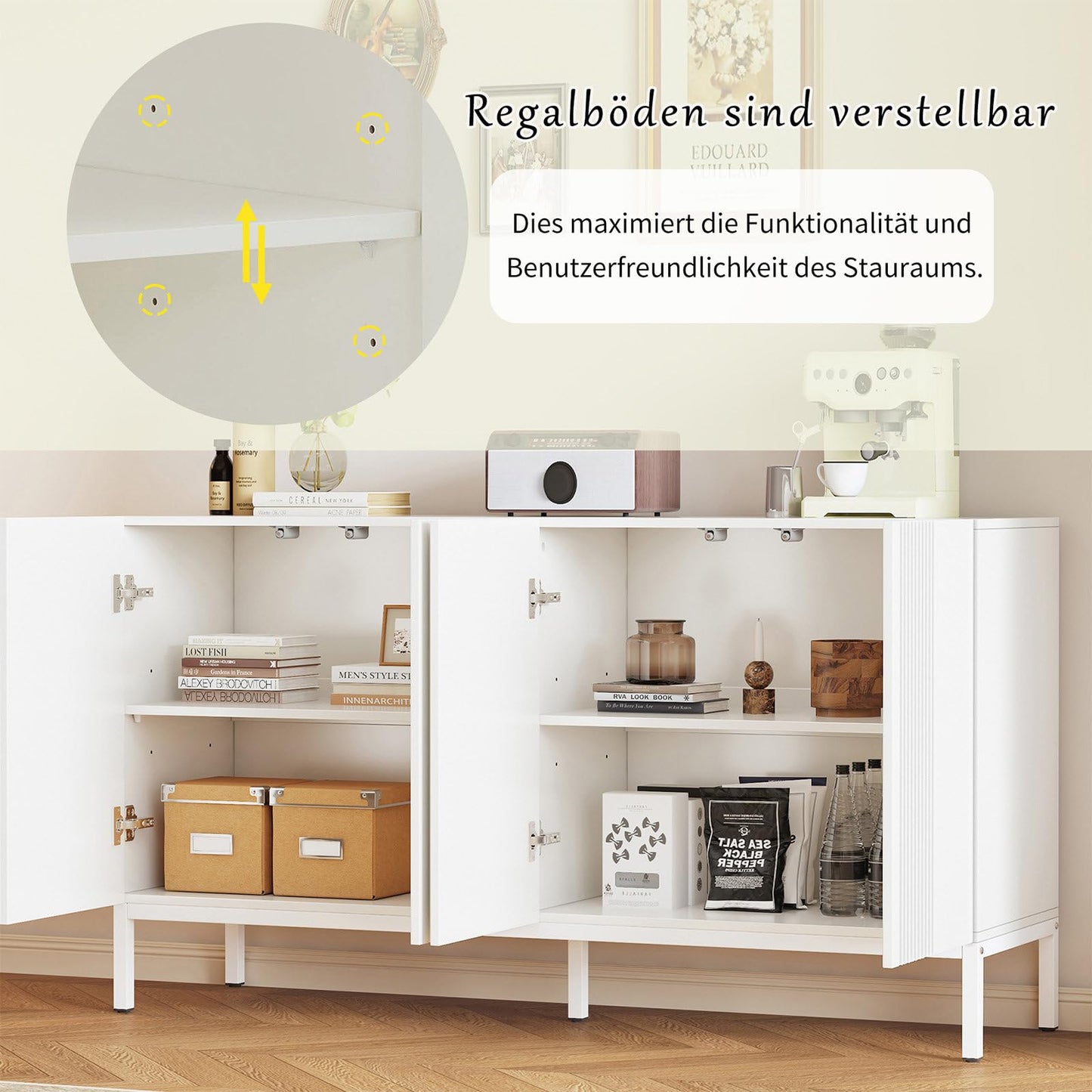 Sideboard mit 4 Türen, Küchenschrank, Mehrzweckschrank für Wohnzimmer, Kommode, 4-türig grifflose Tür, Metallrahmen, Regal Höhenverstellbar, Hohe Tragfähigkeit, 145 x 80 x 41.5 cm (B/H/T)