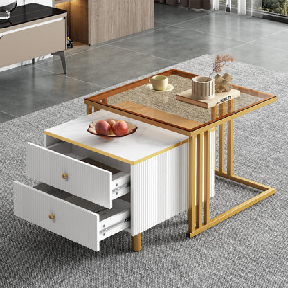 Table Basse,Lot de 2 Tables Basses carrées,Aspect marbre Brillant Blanc et Plateau en Verre,Or Structure en métal et poignée dorée,avec Deux tiroirs,Table de Salon 59,5x60x45,6cm & 50x50x40cm