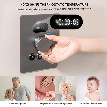 OihPaw Ensemble de Douche Encastré Colonne Douche Thermostatique Gris Système de Douche avec Affichage Numérique LED, 32CM Cascade et Pluie Tête de Douche Rond