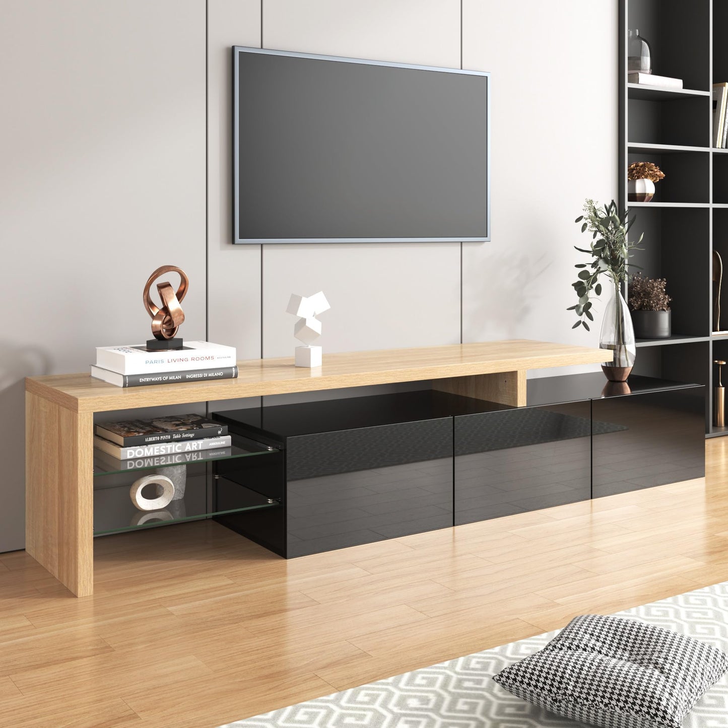 SHUGUANG Meuble TV 200 cm Longueur Meuble TV de Salon Moderne Élégance, Banc TV avec Étagères en Verre, Éclairage LED, Meuble TV Aspect Bois, Espace de Rangement Pratique, Brillant, 197,5x39x42cm