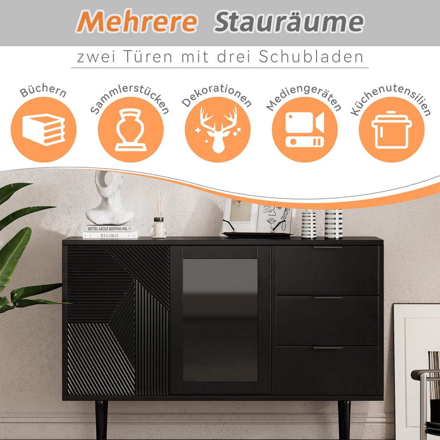 Meuble de Rangement, Buffet Cuisine 2 Portes 3 Tiroirs, Commode Conception sans Poignée, Armoire de Salon Anti-Basculement, Bibliothèque Portes en Verre et Pieds en Métal, 120 x 38 x 79.5cm