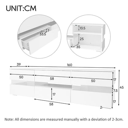 Meuble TV 160cm, Meuble Télé de Salon Peut Accueillir un Téléviseur de 70 Pouces, Armoire De Télévision Avec Éclairage LED 16 Couleurs, Table Télévision 2 Portes, 1 Tiroir et un Compartiment Ouvert