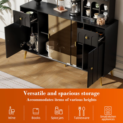 SHUGUANG Buffet Commode Bahut Vaisselier avec Verre Marron, Poignées et Pieds en Métal, Moderne Noir Buffet avec Panneaux Incurvés, Meuble de Rangement pour Salle à Manger/Salon, 150 x 30 x 89,7 cm